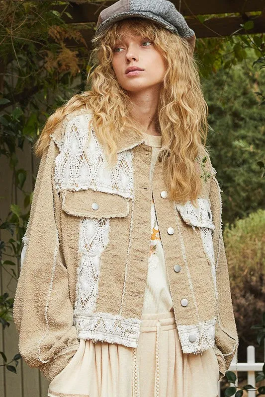 Beige Crochet Patch Embroidered Button-Up Jacket