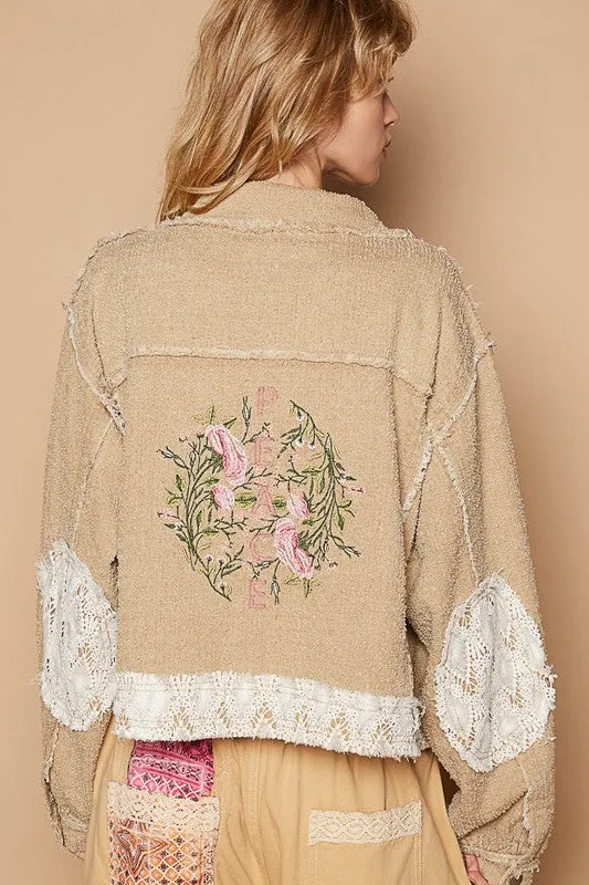 Beige Crochet Patch Embroidered Button-Up Jacket