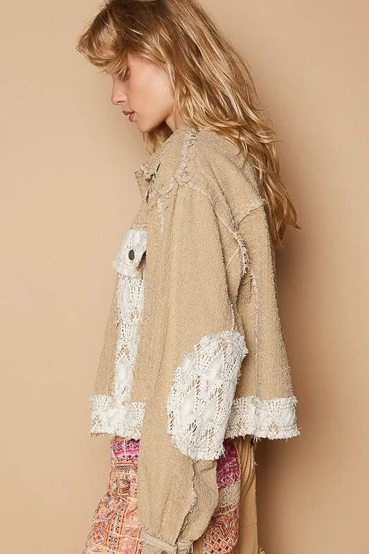Beige Crochet Patch Embroidered Button-Up Jacket