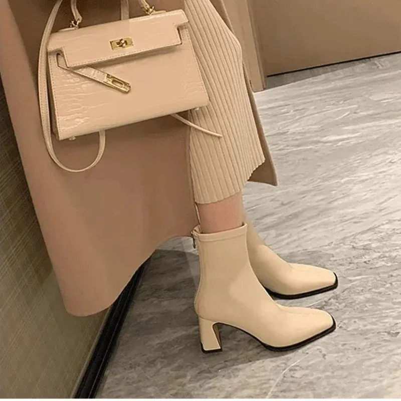 binfenxie  -  Winter New Pointed Solid Leather High Heel Back Zipper Plush Comfortable Women's Fashion Boots Naked Boots Women