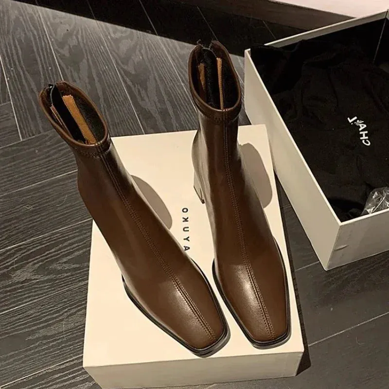binfenxie  -  Winter New Pointed Solid Leather High Heel Back Zipper Plush Comfortable Women's Fashion Boots Naked Boots Women