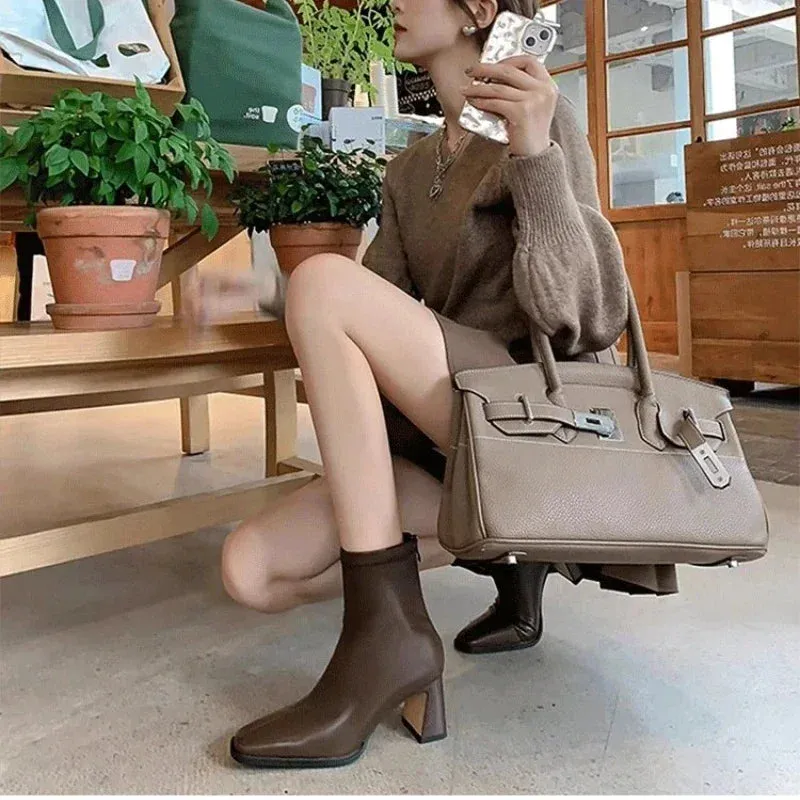 binfenxie  -  Winter New Pointed Solid Leather High Heel Back Zipper Plush Comfortable Women's Fashion Boots Naked Boots Women