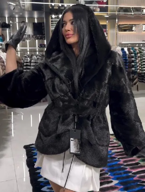 Black Hooded Fur Short Coat