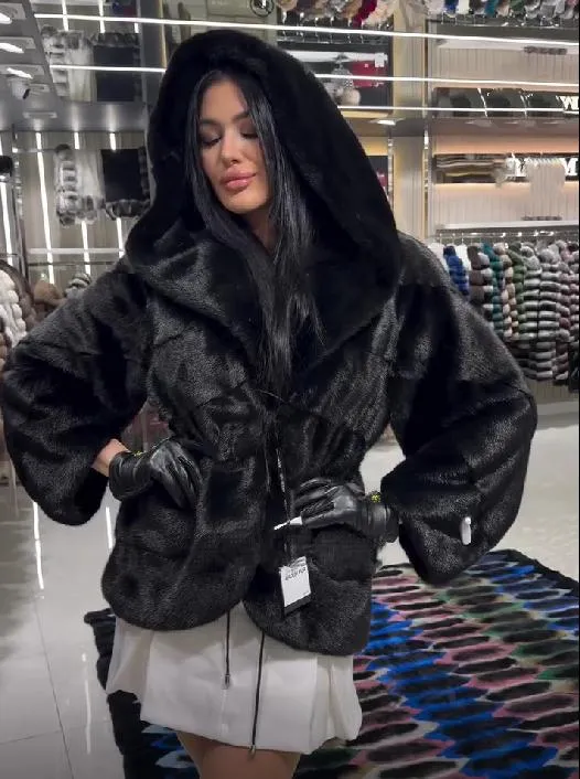 Black Hooded Fur Short Coat