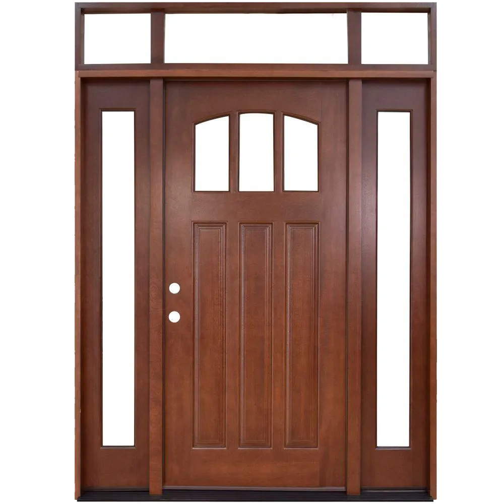 Craftsman 3 Lite Arch Stained Mahogany Wood Prehung Front Door with Sidelites and Transom