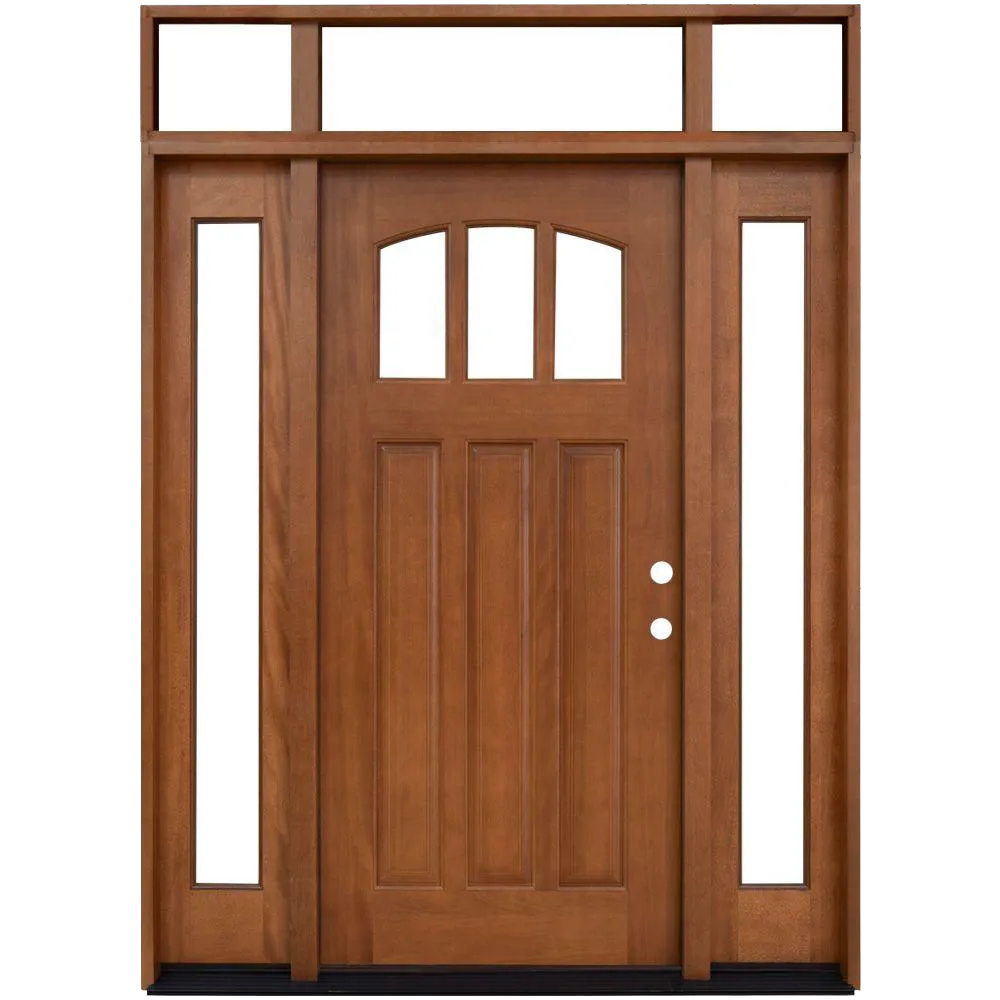 Craftsman 3 Lite Arch Stained Mahogany Wood Prehung Front Door with Sidelites and Transom