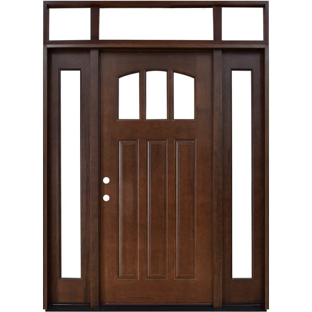 Craftsman 3 Lite Arch Stained Mahogany Wood Prehung Front Door with Sidelites and Transom