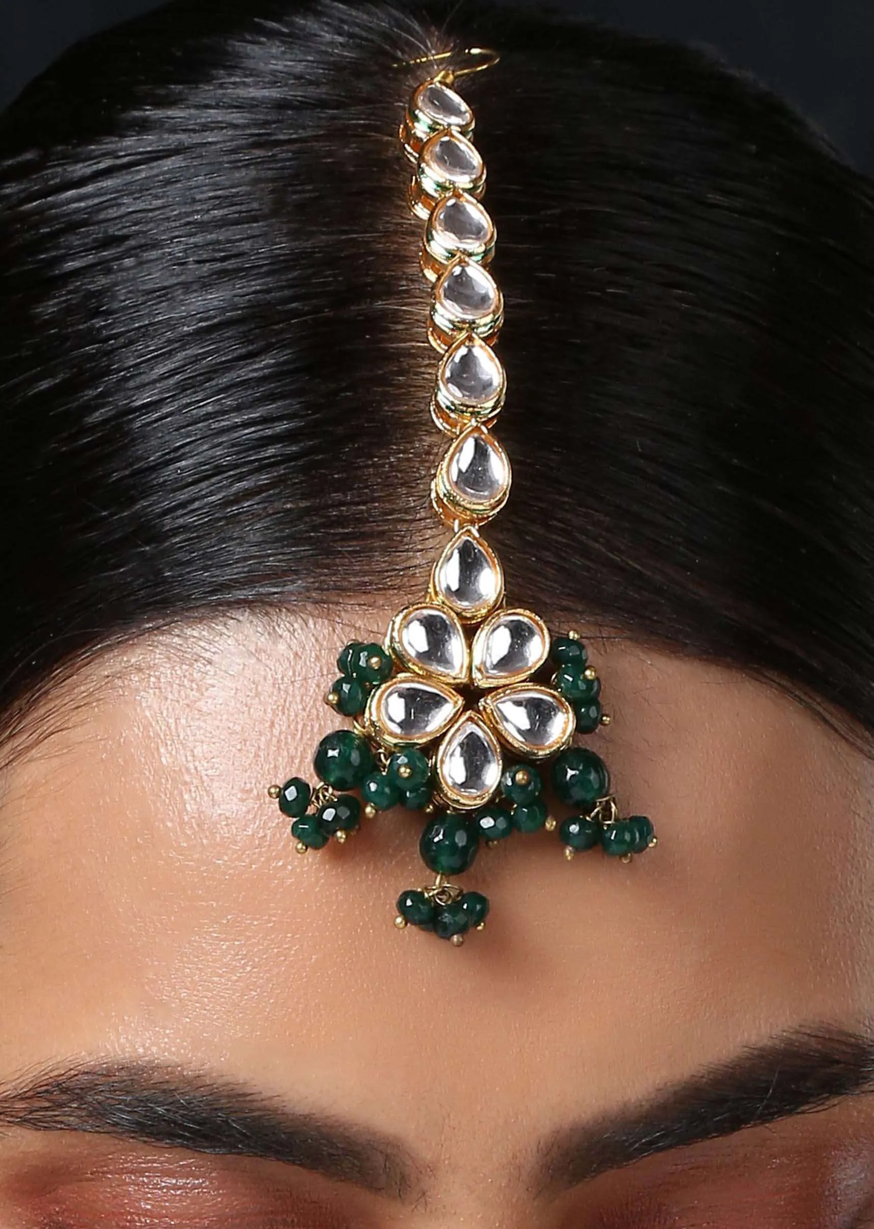 Gold Mangtika With Of Green Stones And Gold Kundan In A Classy Combination