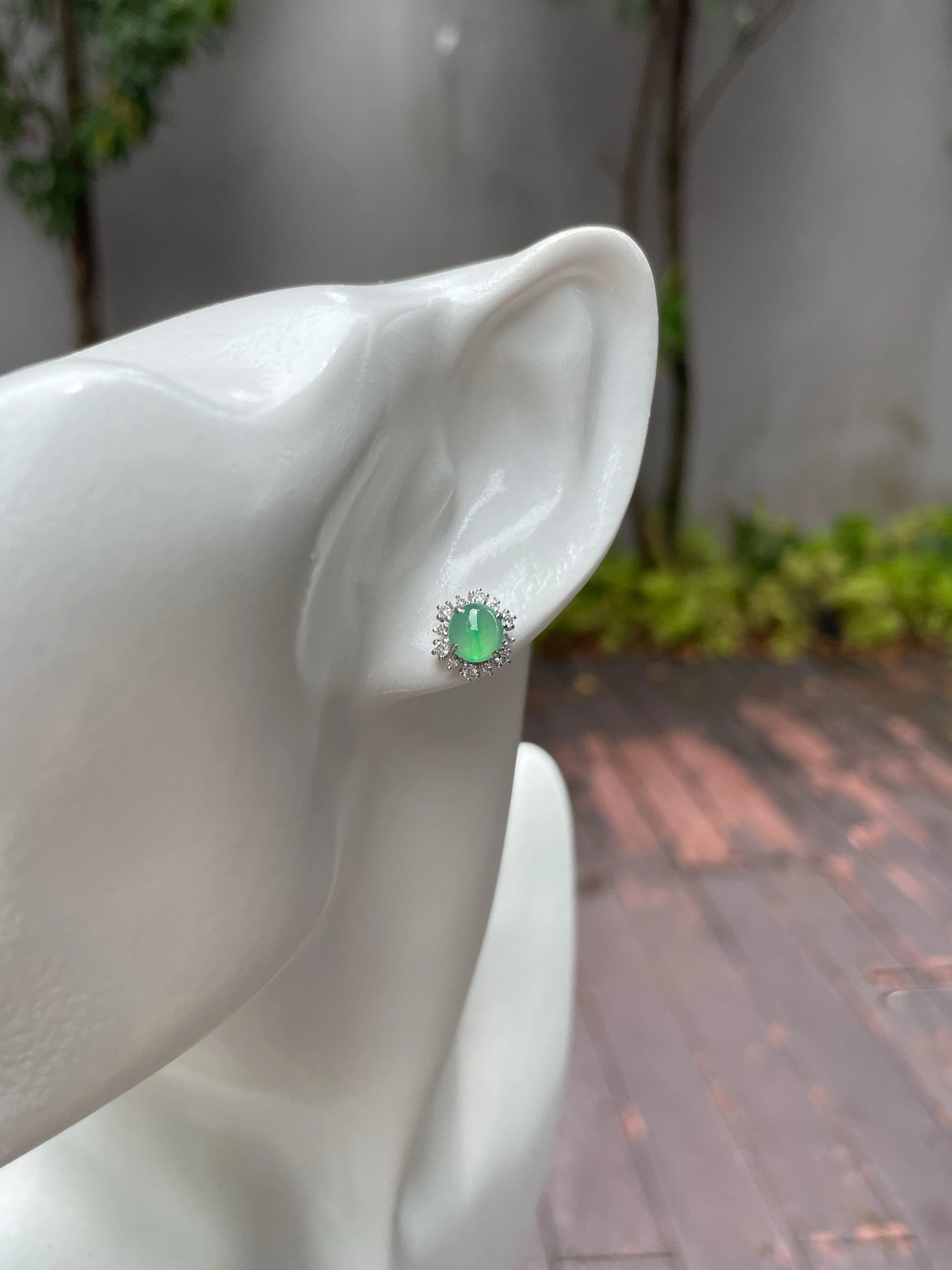 Icy Green Jadeite Cabochon Earrings (NJE102)