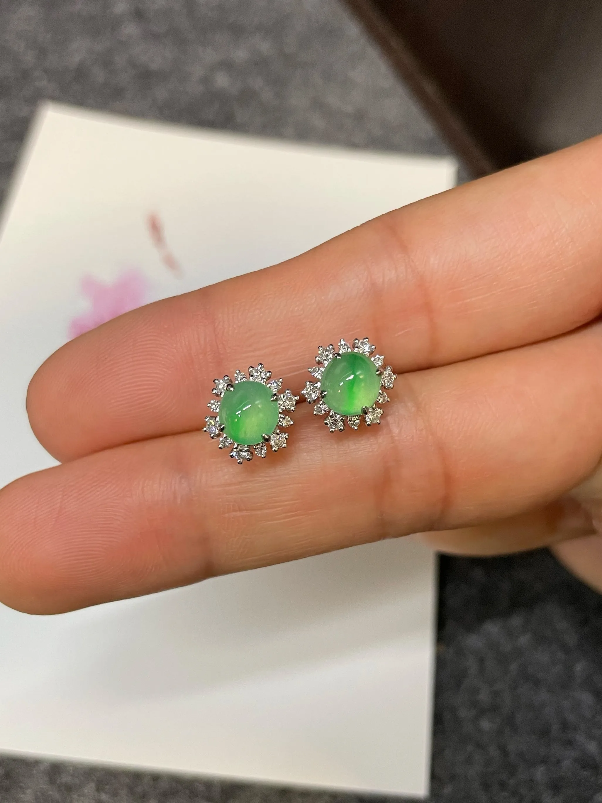 Icy Green Jadeite Cabochon Earrings (NJE102)