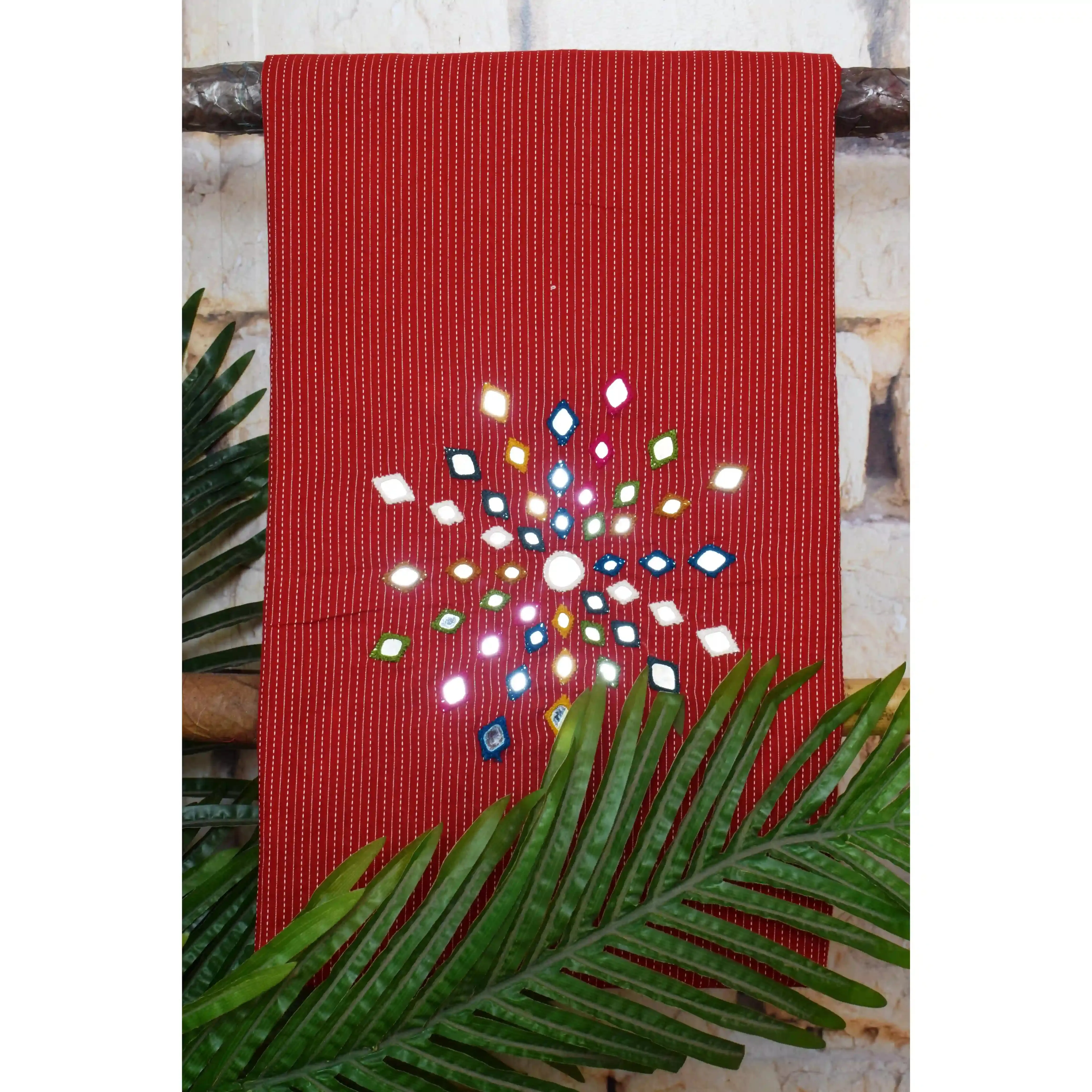 Red Kantha Cotton Mirror Work Kurti Fabric