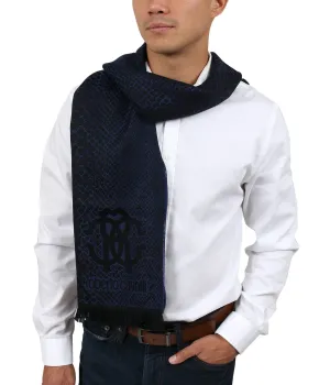 Roberto Cavalli ESZ054 04500 Blue Wool Blend Cheetah Print Mens Scarf