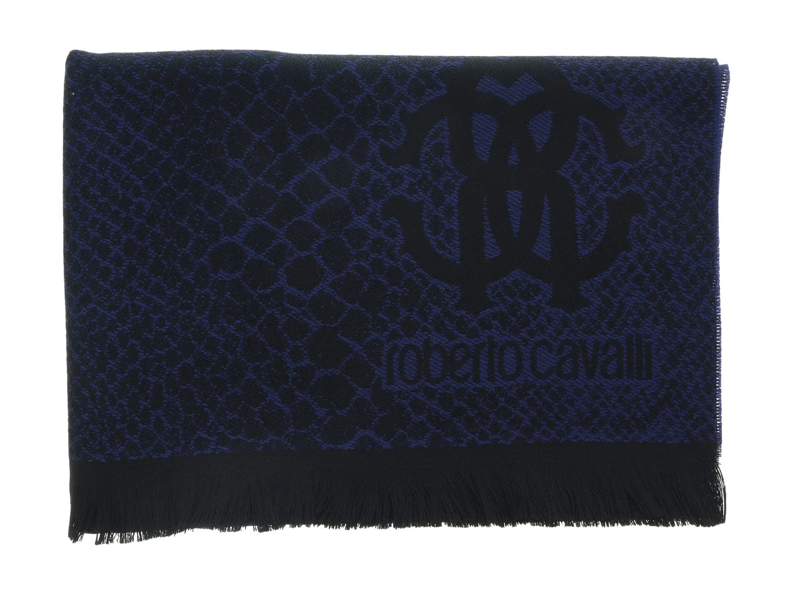 Roberto Cavalli ESZ054 04500 Blue Wool Blend Cheetah Print Mens Scarf