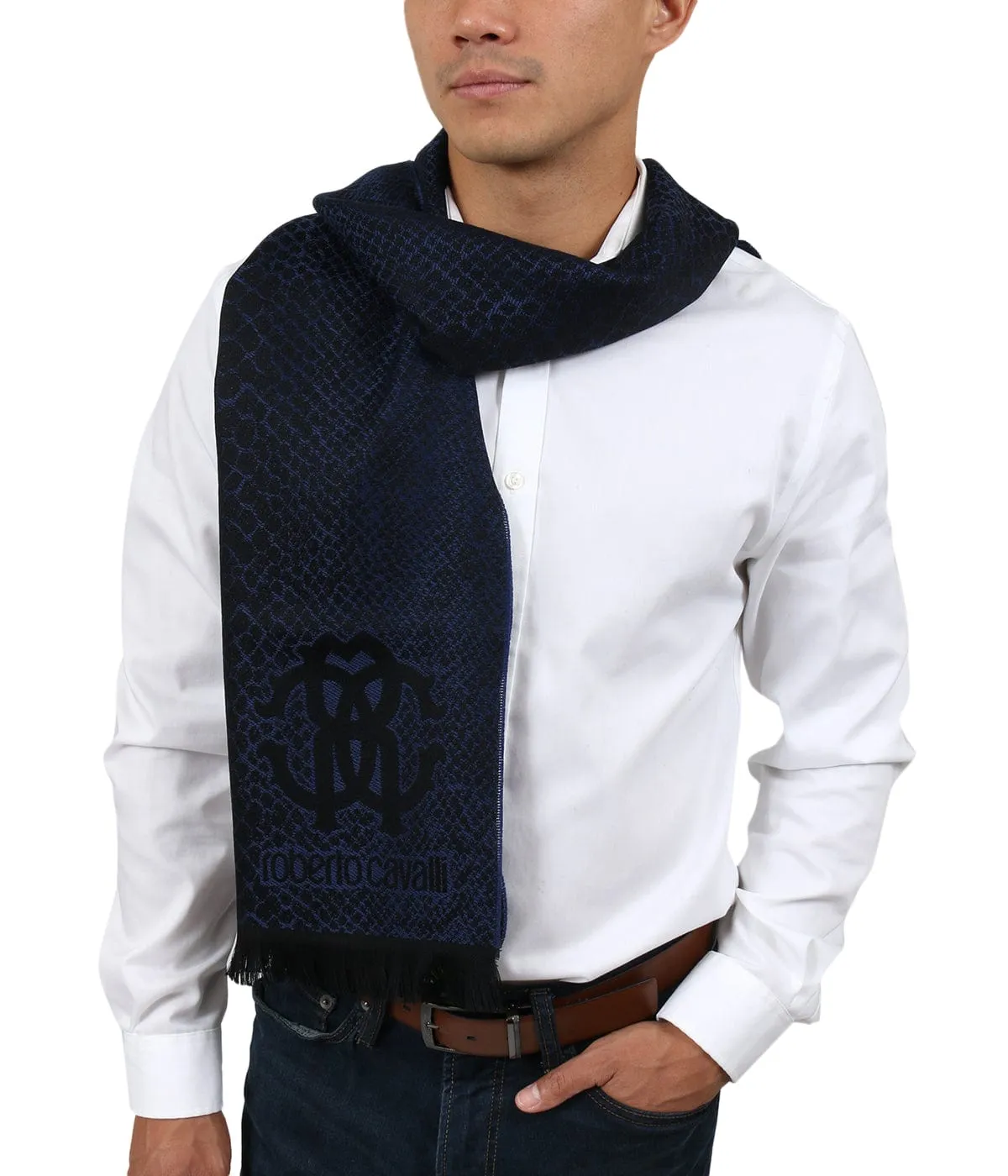 Roberto Cavalli ESZ054 04500 Blue Wool Blend Cheetah Print Mens Scarf