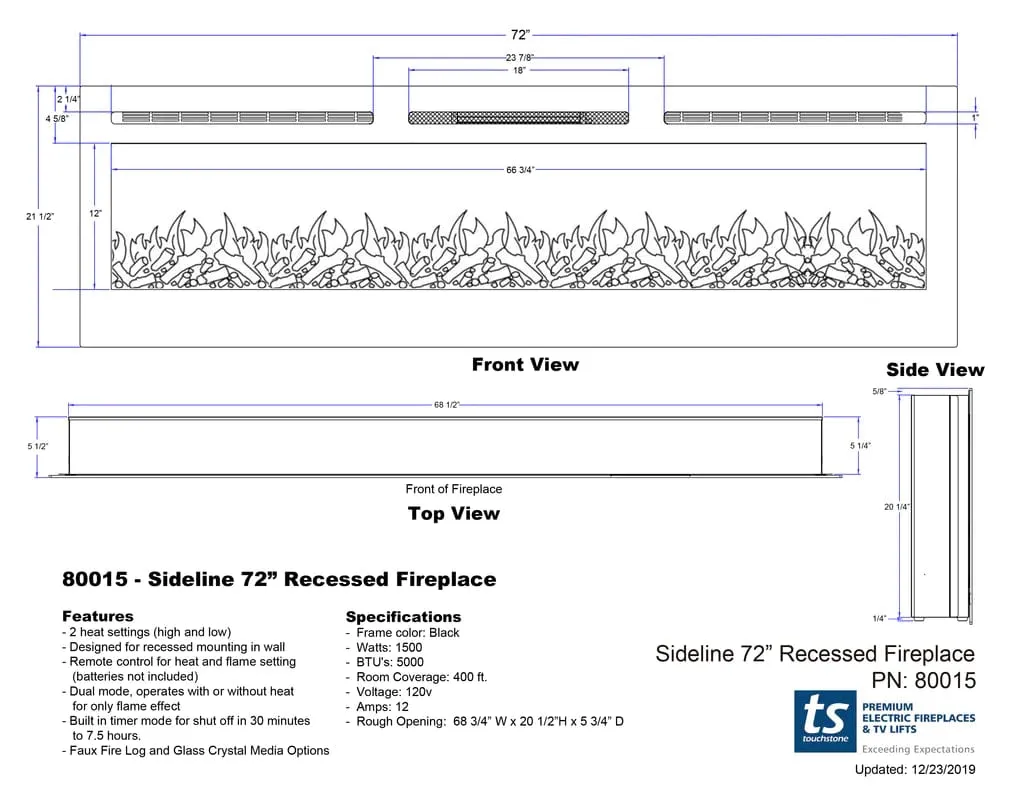 The Sideline 72 Inch Refurbished Recessed Electric Fireplace 80015
