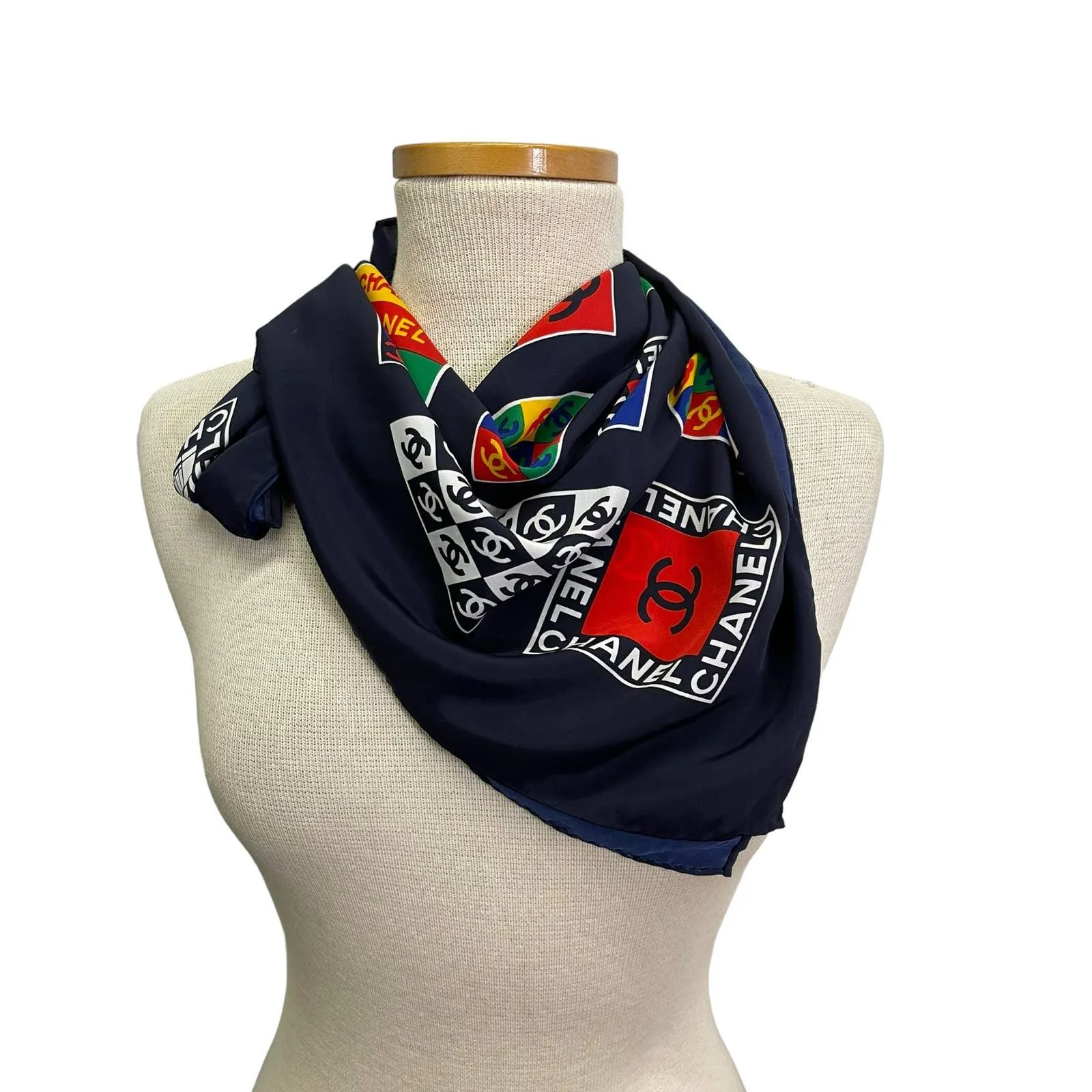 Vintage 90’s Chanel Silk Logo Scarf Black Multi
