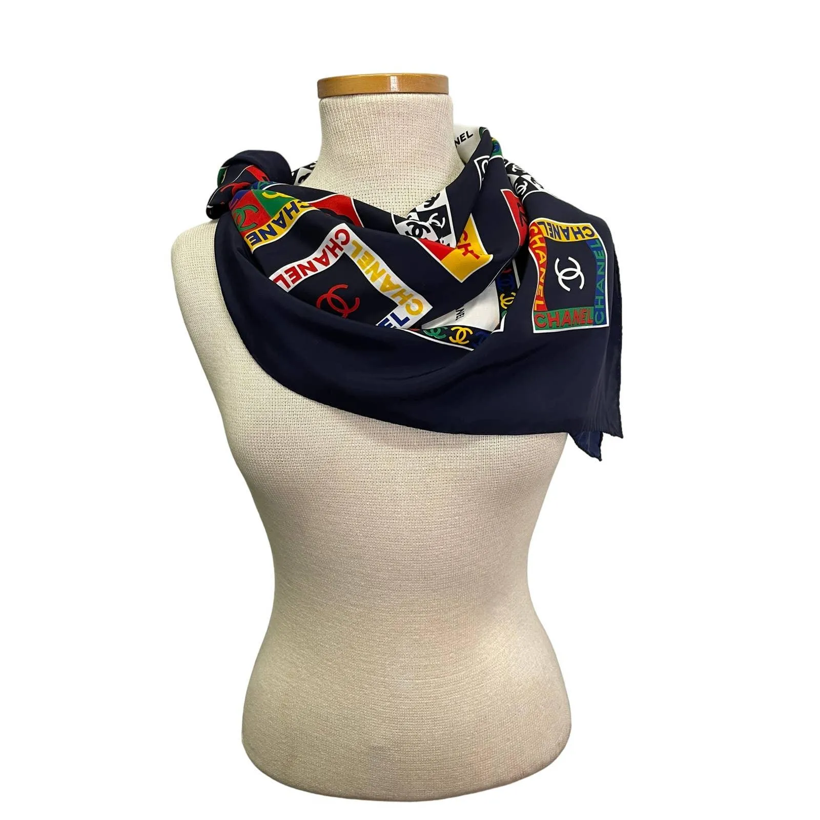 Vintage 90’s Chanel Silk Logo Scarf Black Multi
