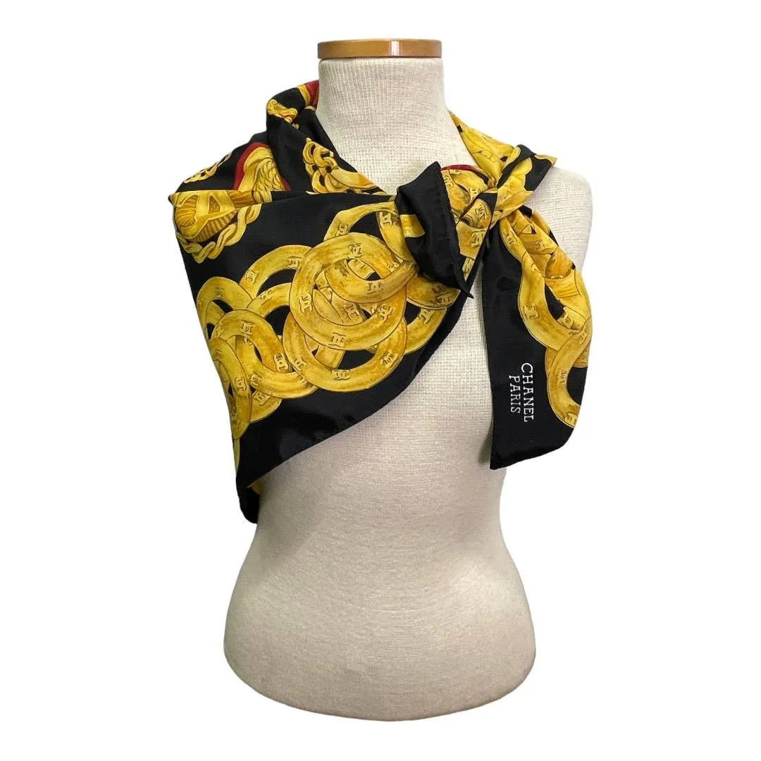 Vintage 90’s Chanel Silk Logo Scarf Jewelry Print Black