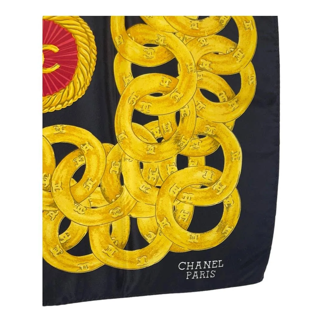 Vintage 90’s Chanel Silk Logo Scarf Jewelry Print Black