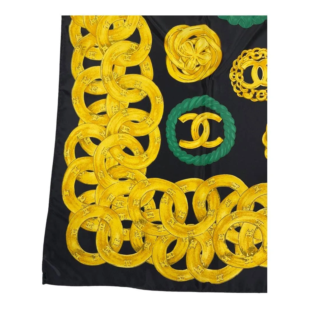 Vintage 90’s Chanel Silk Logo Scarf Jewelry Print Black
