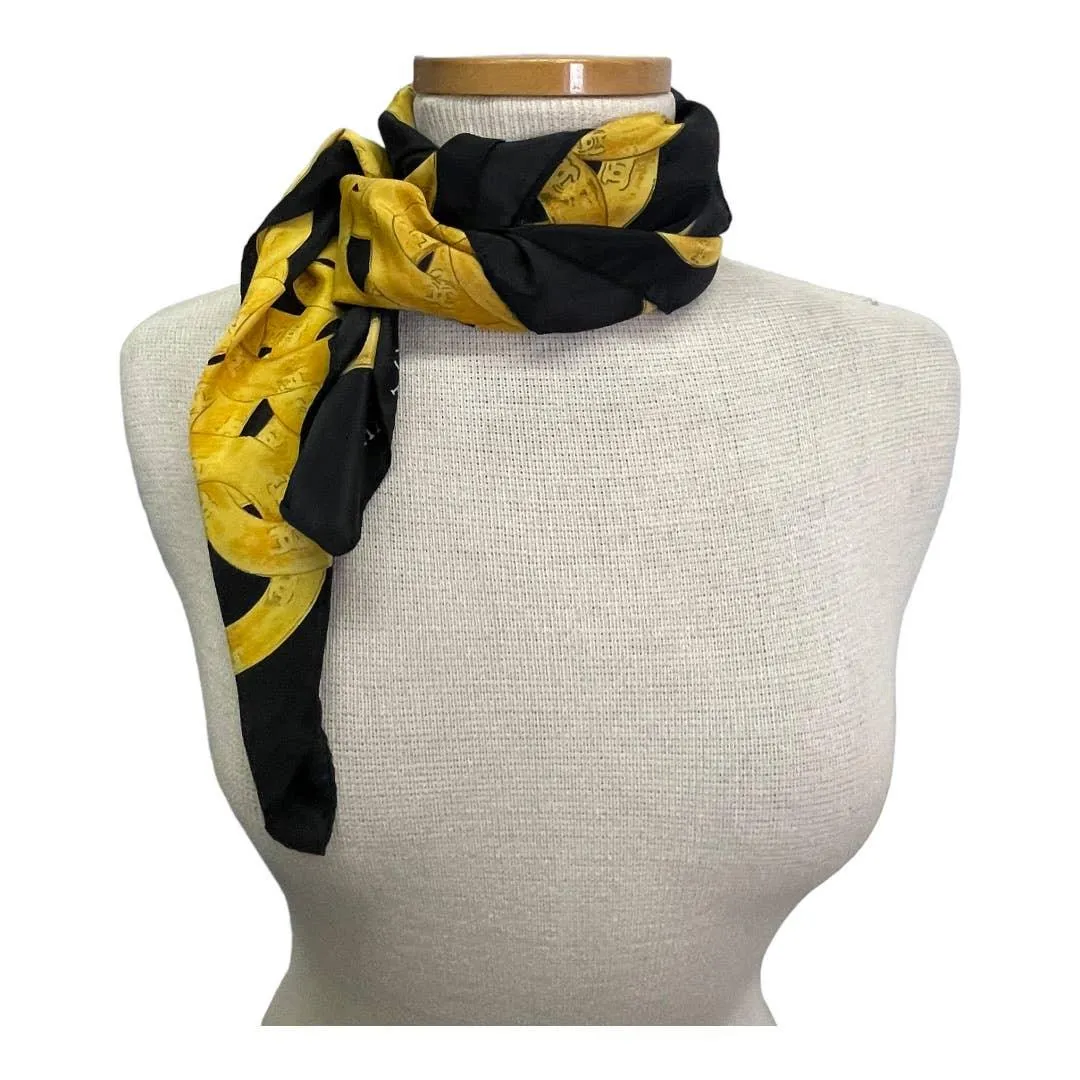 Vintage 90’s Chanel Silk Logo Scarf Jewelry Print Black