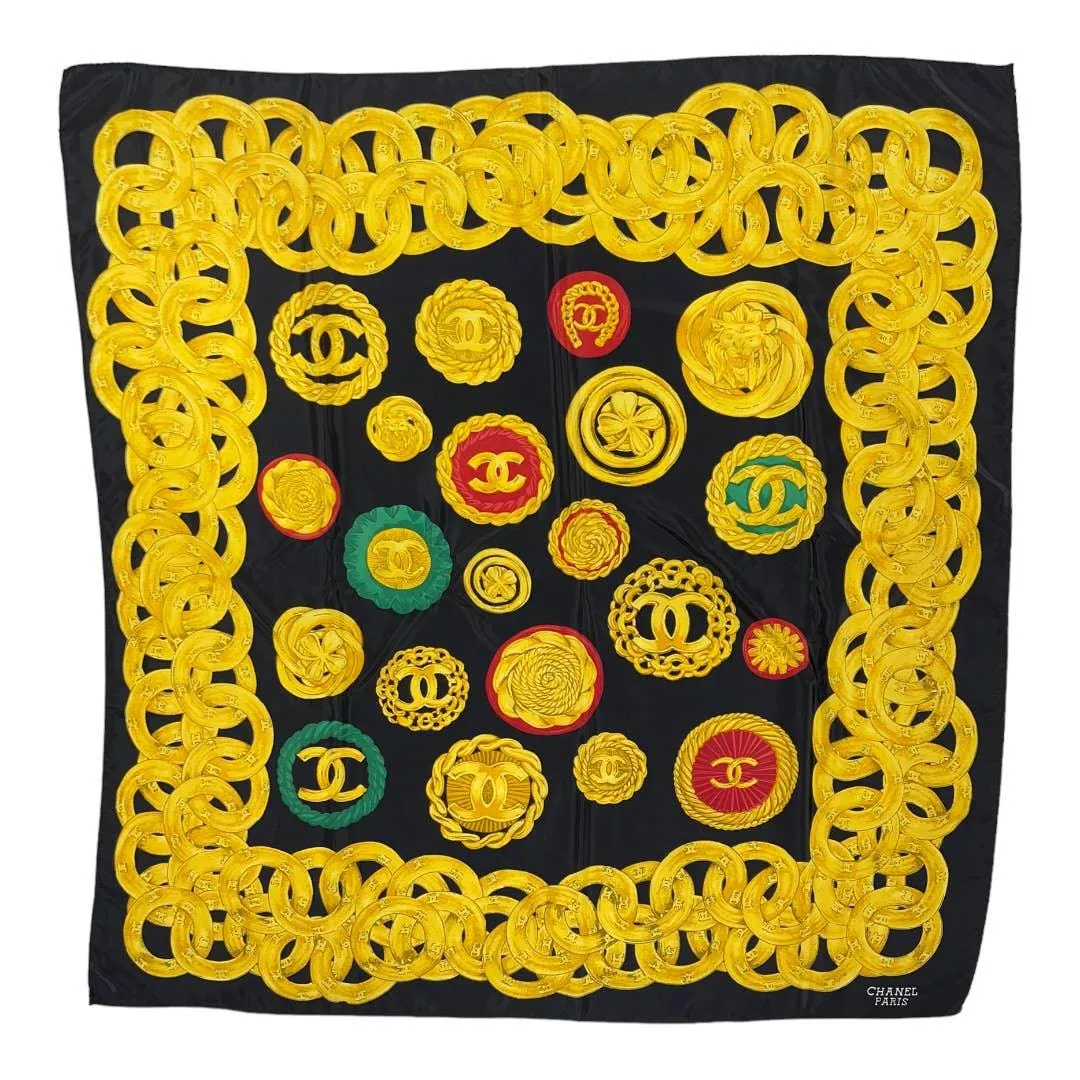 Vintage 90’s Chanel Silk Logo Scarf Jewelry Print Black