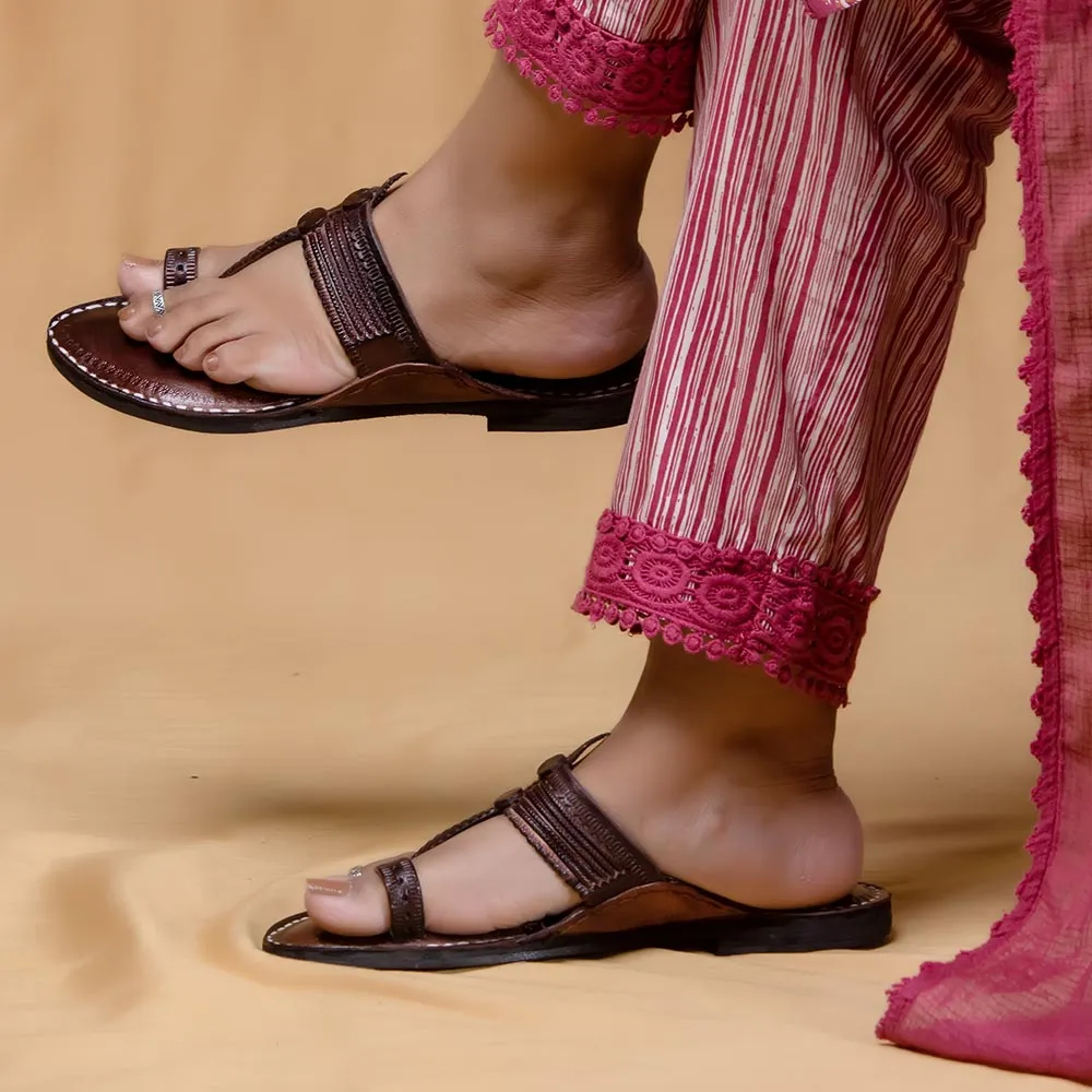 Women's Genuine Leather Kolhapuri Chappal - Earthy Brown With Bliss